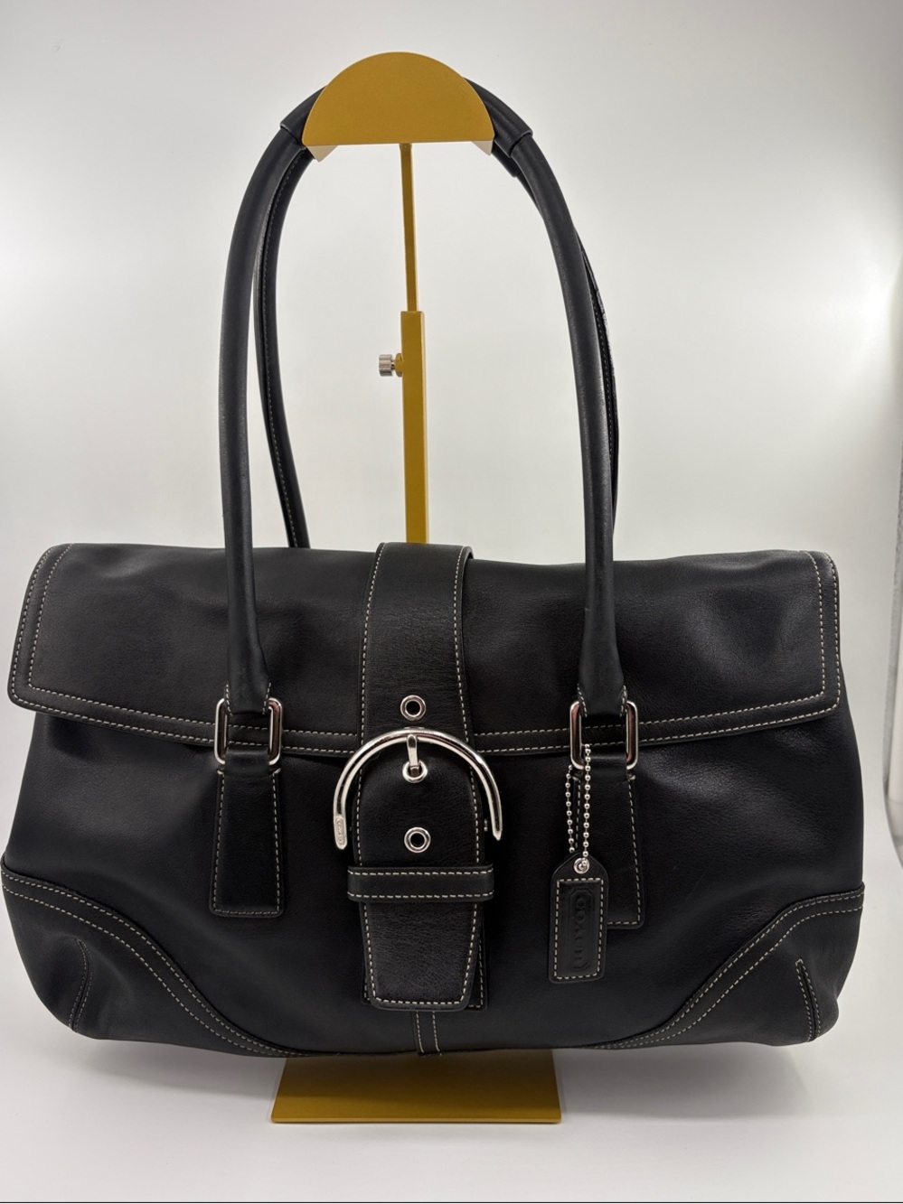 Coach SoHo Black Leather Shoulder Bag with White Contrast Stitching